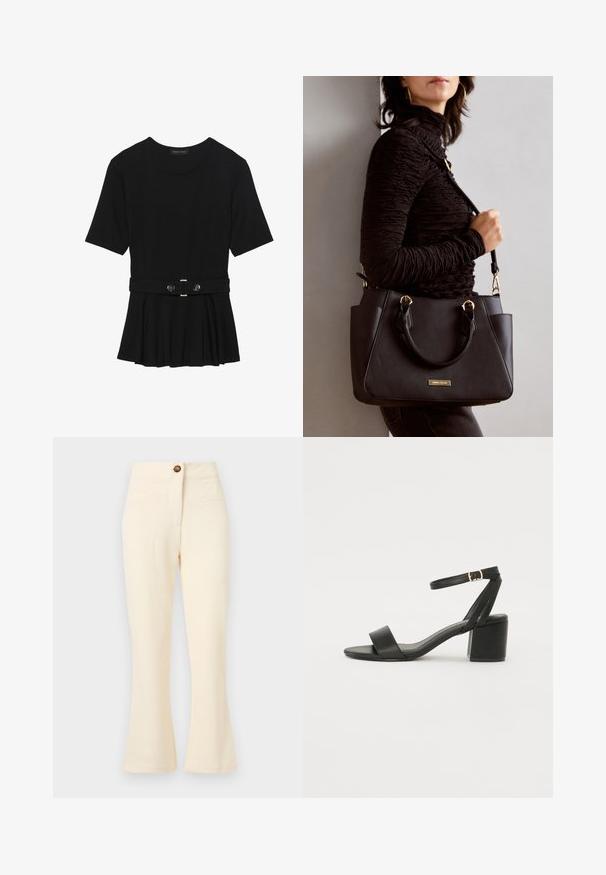 Crna majica kratkih rukava od glatkog materijala, s peplum dizajnom i pojasom s dva okrugla srebrna dugmeta.; Pantalone kremaste boje, proširenog kroja s teksturiranom tkaninom, prednjim džepovima i jednim smešnim dugmetom na pojasu.; Crne sandale na visoku petu s glatkim kožnim gornjim dijelom, otvorenom kapicom, širokim prednjim trakama i podesivim remenom oko gležnja s detaljem zlatne kopče.; Crna torba s teksturiranom površinom, dvostrukim gornjim ručkama i podesivom remenom za rame. Ima zlatne metalne detalje i bočne džepove.