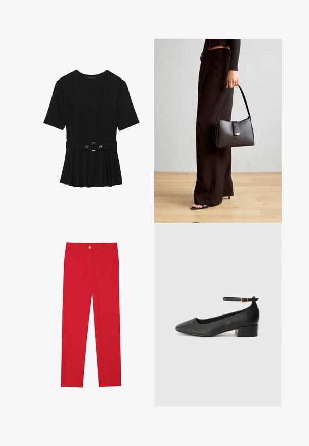 Črn kratek rokav srajca iz gladkega materiala, z obliko pepluma in pasom s pasom ter dvema okroglega srebrno-toniranima gumboma.; Rdeče hlače s ravnim krojem, ravnim sprednjim delom, enojnim gumbom in dvema stranskima žepoma. Gladka tkanina brez vidnih vzorcev ali okraskov.; Črne usnjene pumpice z nazobčanimi prsti in nizko blokasto peto. Imajo trak okoli gležnja z zaponko v zlatem tonu. Gladka tekstura.; Črna torbica z strukturirano obliko, gladko teksturo in kovinskim zaponko. Ujemajo se z širokimi črnimi hlačami in odprtimi sandali na lesenem tleh.