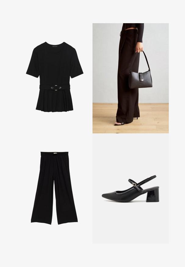 Schwarzes Kurzarmoberteil aus glattem Material, mit einem Peplum-Design und einem taillierten Bund, der mit zwei runden, silberfarbenen Knöpfen ausgestattet ist.; Schwarze weit geschnittene Hose mit elastischem Bund. Der Stoff ist glatt mit einem subtilen Fall, der eine entspannte Silhouette erzeugt. Keine Muster oder Akzente.; Schwarze Lackleder-Slingback-Absätze mit spitzer Zehenform, einem runden Ausschnitt-Design und einem Blockabsatz. Mit einem goldfarbenen Schnallenakzent.; Schwarze Handtasche mit strukturierter Form, glatter Textur und einem metallischen Verschluss. Kombiniert mit weiten schwarzen Hosen und offenen Sandalen auf einem Holzboden.
