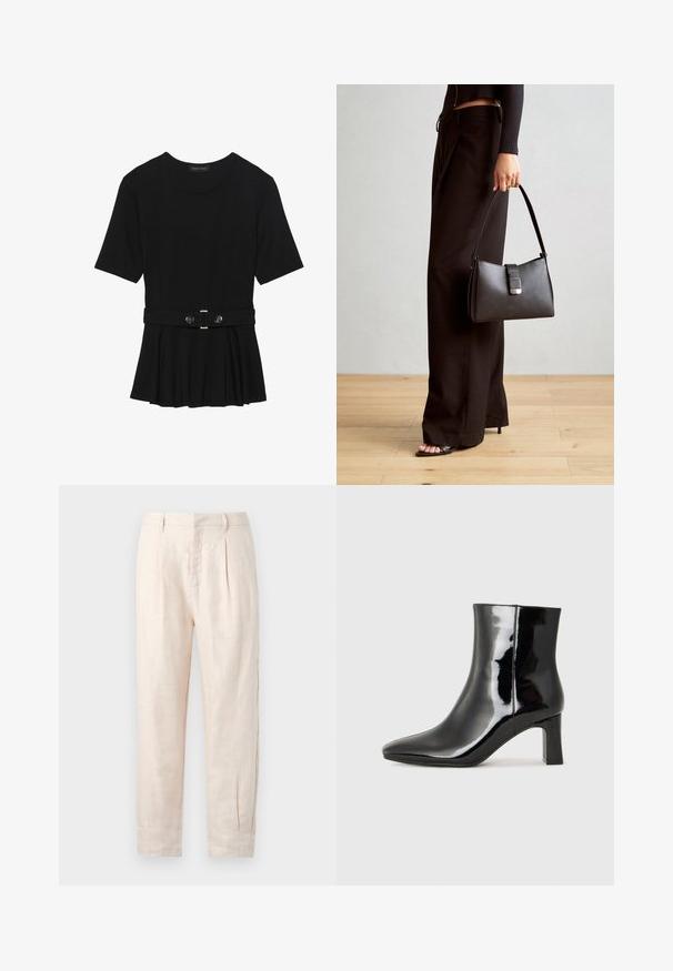 Svart kortärmad topp i slätt material med peplumdesign och bälte i midjan, prydd med två runda knappar i silverfärg.; Ljust beige linnebyxor med rak passform, som har två framveck, sidofickor och en något strukturerad yta.; Svart lackläder ankelboot med spetsig tå och en medelhög klack. Slät textur och minimalistisk design.; Svart handväska med strukturerad form, slät yta och metallspänne. Matchad med vida svarta byxor och sandaler med öppen tå på trägolv.