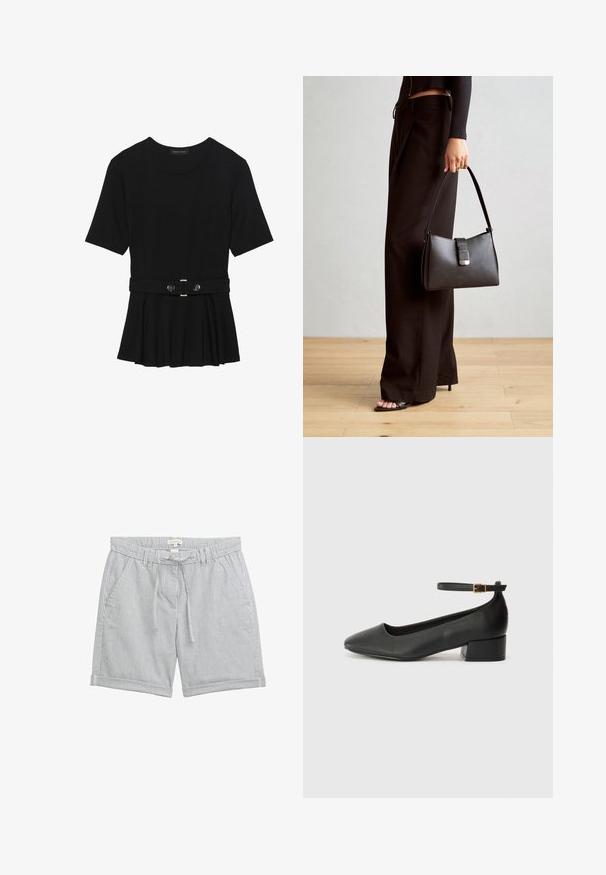 Fekete, rövid ujjú felső sima anyagból, peplum fazonnal és övvel a deréknál, két kerek, ezüst árnyalatú gombbal.; Könnyű pamut rövidnadrág függőleges kék és fehér csíkokkal. Rugalmas derékpánttal és zsinórral, valamint oldalsó zsebekkel rendelkezik. Befejezett szegélyek.; Fekete bőr magassarkú cipő hegyes orral és alacsony tömb sarkal. Bokapánttal rendelkezik, aranyszínű csattal. Simább textúra.; Fekete kézi táska strukturált formával, sima textúrával és fémből készült záródással. Széles fekete nadrággal és nyitott orrú szandállal párosítva, fából készült padlón.