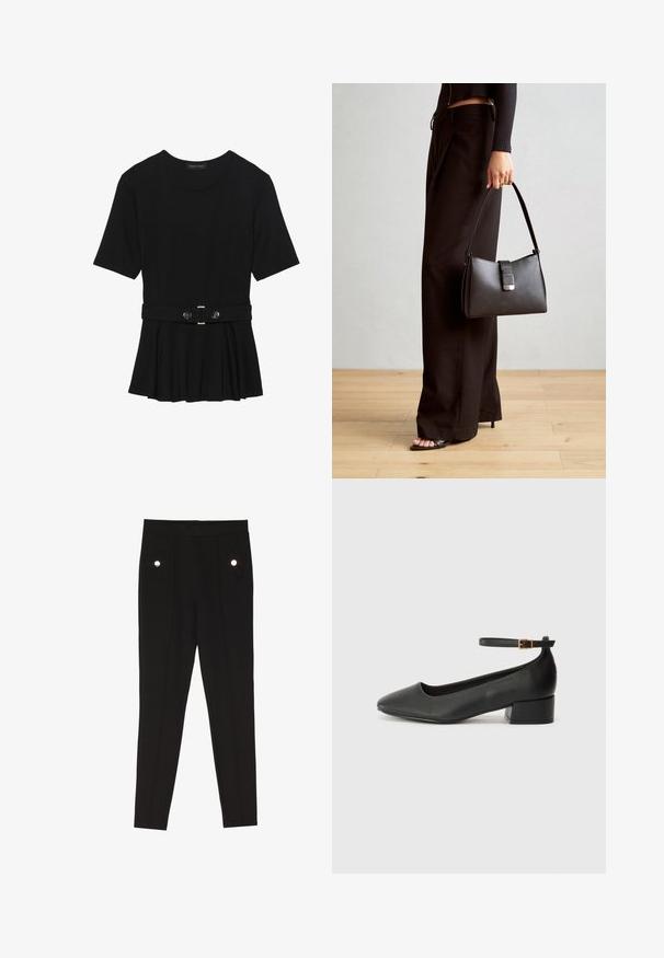 Crna majica kratkih rukava od glatkog materijala, s peplum dizajnom i pojasom s dva okrugla srebrna dugmeta.; Crne krojene hlače s glatkom teksturom, koje imaju dva prednja džepa s dekorativnim detaljima, a imaju i uske krojne linije.; Crne kožne pumpe s oštrim vrhom i niskom blok petom. Sadrže remen oko gležnja s zlatnim kopčanjem. Glatka tekstura.; Crna torba s oblikom koji sadrži strukturu, glađu teksturu i metalnu kopču. Uparena s širokim crnim hlačama i sandalama na otvorenom s drvenog poda.
