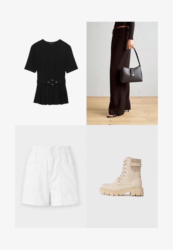 Schwarzes Kurzarmoberteil aus glattem Material, mit einem Peplum-Design und einem taillierten Bund, der mit zwei runden, silberfarbenen Knöpfen ausgestattet ist.; Weiße Baumwollshorts mit elastischem Bund, ausgestattet mit einem vorderen Knopf, zwei seitlichen Taschen und einem sauberen, schlichten Design.; Beige Schnürstiefel aus glattem Leder mit einem akzentuierten Stoffeinsatz, ausgestattet mit einer klobigen, robusten Sohle und Logodetails.; Schwarze Handtasche mit strukturierter Form, glatter Textur und einem metallischen Verschluss. Kombiniert mit weiten schwarzen Hosen und offenen Sandalen auf einem Holzboden.