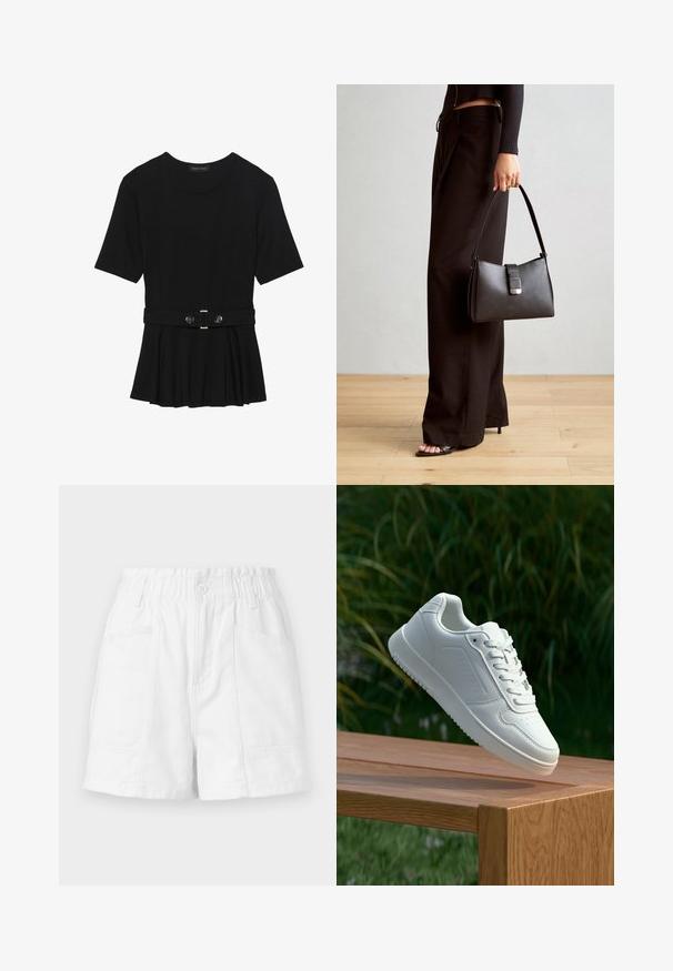 Melnas īsām piedurknēm topiņš, izgatavots no gludas materiāla, ar pepluma dizainu un jostu ar divām apaļām sudraba krāsas pogām.; Baltas kokvilnas šorts ar elastīgu jostasvietu, ar priekšējo pogu, divām sānu kabatām un tīru, vienkāršu dizainu.; Baltie sporta apavi ar gludu sintētisku augšpusi, perforētu pirkstu daļu, plakani šņorēm un rakstainu zoli, novietoti uz koka virsmas.; Melnā somiņa ar strukturētu formu, gludu tekstūru un metālu sprādzi. Saskaņota ar platām melnām biksēm un sandālēm ar atvērtu purngalu uz koka grīdas.