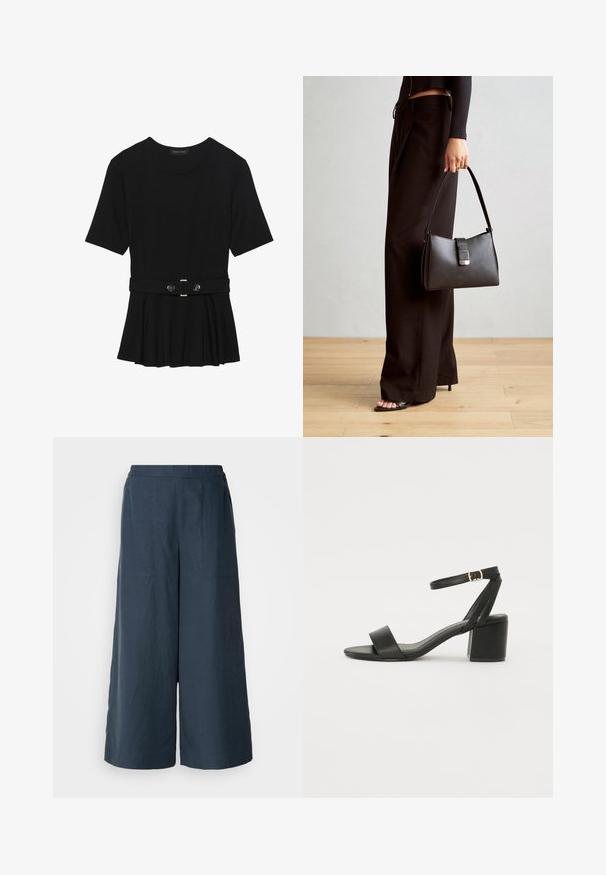 Svart kortermet topp laget av glatt materiale, med en peplum-design og en belted midje med to runde knapper i sølvfarge.; Vidde benbukser i marineblå, laget av lett stoff. Har en litt teksturert overflate, elastisk liv og frontseam.; Sorte hælede sandaler med en glat læderoverdel, åben tå, brede frontstropper og justerbar ankelstrop med en gold spænde detalje.; Svart håndveske med strukturert form, jevn tekstur og metallisk lås. Kombinert med brede svarte bukser og sandaler med åpen tå på tregulv.