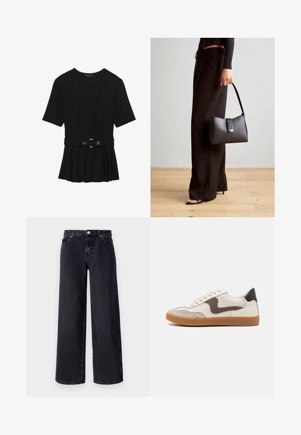 Top corto nero a maniche corte realizzato in materiale liscio, con design peplum e vita cintata adornata da due bottoni tondi in tono argento.; Vero Moda Petite VMREMY MR WIDE  - Wide Leg - black denim; Sneaker con tomaia in pelle crema, con accento in suede marrone scuro, lacci beige e suola in gomma; design classico a profilo basso.; Borsa nera con forma strutturata, texture liscia e una chiusura metallica. Abbinata a pantaloni neri larghi e sandali open-toe su un pavimento in legno.