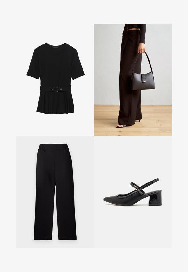 Top negru cu mâneci scurte, realizat dintr-un material neted, cu un design peplum și o talie beltată cu două butoane rotunde de culoare argintie.; Pantaloni largi pliati negri cu un brâu elastic. Materialul are o finisare texturată. Fără accesorii sau modele vizibile.; Cizme cu toc slingback din piele sintetică lacuită neagră, cu vârful ascuțit, un design cu decupaj rotunjit și toc bloc. Include un accent cu cataramă de culoare aurie.; Genți negre cu o formă structurată, textură netedă și un închizător metalic. Asortată cu pantaloni negri largi și sandale cu vârf deschis pe un podea din lemn.