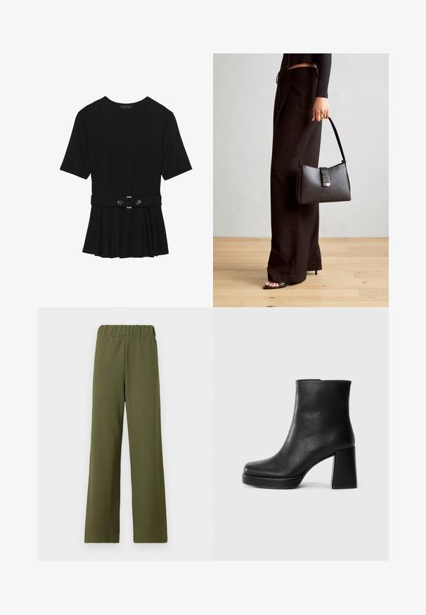 Top negro de manga corta fabricado en un material suave, con un diseño de peplum y una cintura ceñida con un cinturón que incluye dos botones redondos en tono plateado.; TOM TAILOR DENIM PLEATED PANTS - Pantalones - grape leaf green; Botín de cuero negro con tacón cuadrado y suela de plataforma, visto de lado sobre un fondo blanco liso.; Bolso negro con forma estructurada, textura suave y un cierre metálico. Combinado con pantalones anchos negros y sandalias de dedo en un suelo de madera.