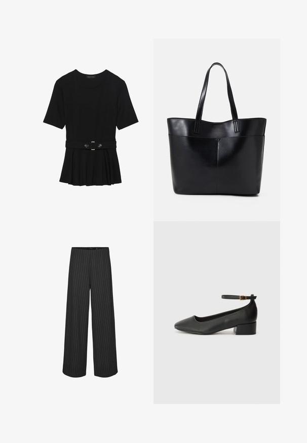 Top corto nero a maniche corte realizzato in materiale liscio, con design peplum e vita cintata adornata da due bottoni tondi in tono argento.; Pantaloni neri a gamba larga con righe bianche verticali, caratterizzati da un design su misura e una texture liscia. Senza tasche visibili o hardware.; Pump in pelle nera con punta affusolata e tacco basso a blocco. Presenta una cinghia alla caviglia con una fibbia in tonalità oro. Texture liscia.; Borsa a tracolla in pelle nera con due manici lunghi, una texture liscia e una forma strutturata. Presenta una tasca frontale per ulteriore spazio di archiviazione.