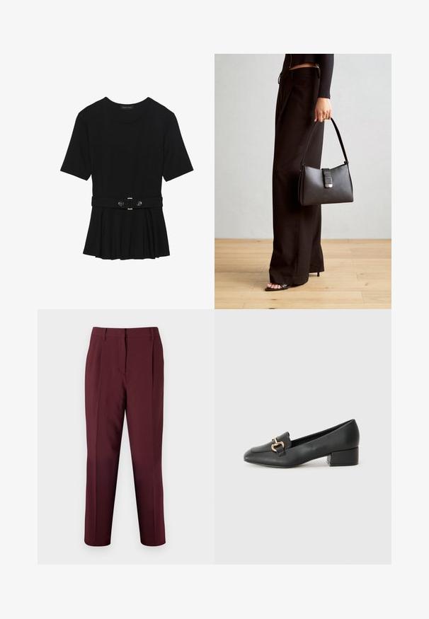 Zwart топ met korte mouwen van glad materiaal, voorzien van een peplum ontwerp en een riem in de taille met twee ronde, zilverkleurige knopen.; Bruuns Bazaar CINDYSUS DAGNY - Broek - sassafras; Zwarte lederen instappers met een platte hak, met een decoratieve gouden hardware detail aan de voorkant en een gladde textuur.; Zwarte handtas met gestructureerde vorm, gladde textuur en een metalen sluiting. Gecombineerd met brede zwarte broeken en sandalen met open teen op een houten vloer.