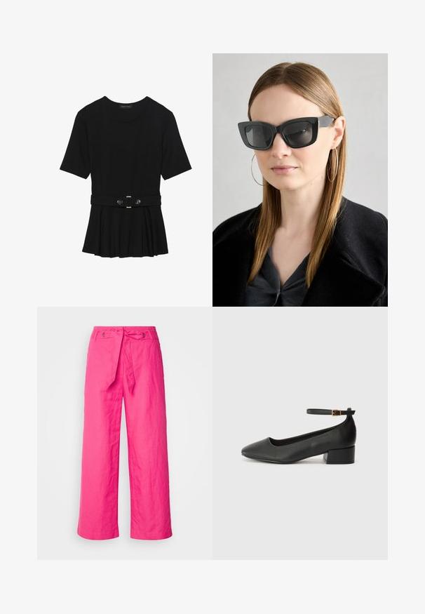 Top negru cu mâneci scurte, realizat dintr-un material neted, cu un design peplum și o talie beltată cu două butoane rotunde de culoare argintie.; Pantaloni largi din in roz, cu talie reglabilă, având o suprafață texturată și detalii din metal la talie.; Pantof cu toc negru din piele, cu vârf ascuțit și toc mic pătrat. Dispune de o curea la gleznă cu o cataramă în tonuri de aur. Textură netedă.; Ochelari de soare negri tip cat-eye cu lentile întunecate, rame groase și accente subtile. Purtați cu o haină neagră și un top gri, având părul lung și drept.