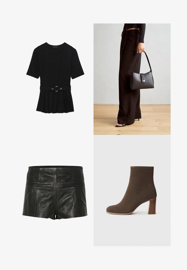 Črn kratek rokav srajca iz gladkega materiala, z obliko pepluma in pasom s pasom ter dvema okroglega srebrno-toniranima gumboma.; Črne usnjene hlače s gladko teksturo, ki imajo dva zadnja žepa in prilegajoč dizajn. Kratka dolžina, minimalni šivi.; Rjave semiš gležnjarji z zaobljenim nosom in nagubanem, teksturiranem petam. Gladka zunanjost brez vidnih zakovic ali okraskov.; Črna torbica z strukturirano obliko, gladko teksturo in kovinskim zaponko. Ujemajo se z širokimi črnimi hlačami in odprtimi sandali na lesenem tleh.