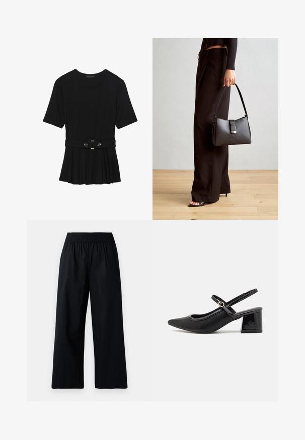 Črn kratek rokav srajca iz gladkega materiala, z obliko pepluma in pasom s pasom ter dvema okroglega srebrno-toniranima gumboma.; Črne široke hlače z elastiko v pasu, izdelane iz gladkega, lahkotnega materiala in sproščenega kroja. Brez žepov ali vidnih okrasnih elementov.; Črne patentne usnjene salonarce s slingback obliko, s koničastim nosom, zaobljenim izrezom in blok peto. Imajo zlato kovinsko zaponko kot dodatno okrasje.; Črna torbica z strukturirano obliko, gladko teksturo in kovinskim zaponko. Ujemajo se z širokimi črnimi hlačami in odprtimi sandali na lesenem tleh.