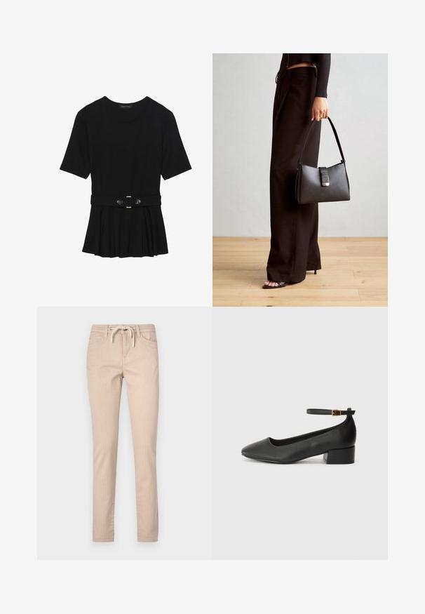 Crna majica kratkih rukava od glatkog materijala, s peplum dizajnom i pojasom s dva okrugla srebrna dugmeta.; Bež prugaste pamučne hlače s elastičnim pojasom, suženim nogavicama i dva prednja džepa. Glatka tekstura, ležeran dizajn.; Crne kožne pumpe s oštrim vrhom i niskom blok petom. Sadrže remen oko gležnja s zlatnim kopčanjem. Glatka tekstura.; Crna torba s oblikom koji sadrži strukturu, glađu teksturu i metalnu kopču. Uparena s širokim crnim hlačama i sandalama na otvorenom s drvenog poda.