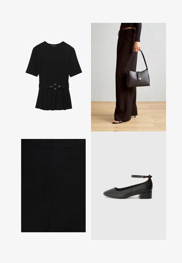 Zwart топ met korte mouwen van glad materiaal, voorzien van een peplum ontwerp en een riem in de taille met twee ronde, zilverkleurige knopen.; TUSSAH MILLY - Broek - black; Zwarte leren pump met een spitse neus en een lage blokhak. Beschikt over een enkelband met een goudkleurige gespsluiting. Gladde textuur.; Zwarte handtas met gestructureerde vorm, gladde textuur en een metalen sluiting. Gecombineerd met brede zwarte broeken en sandalen met open teen op een houten vloer.