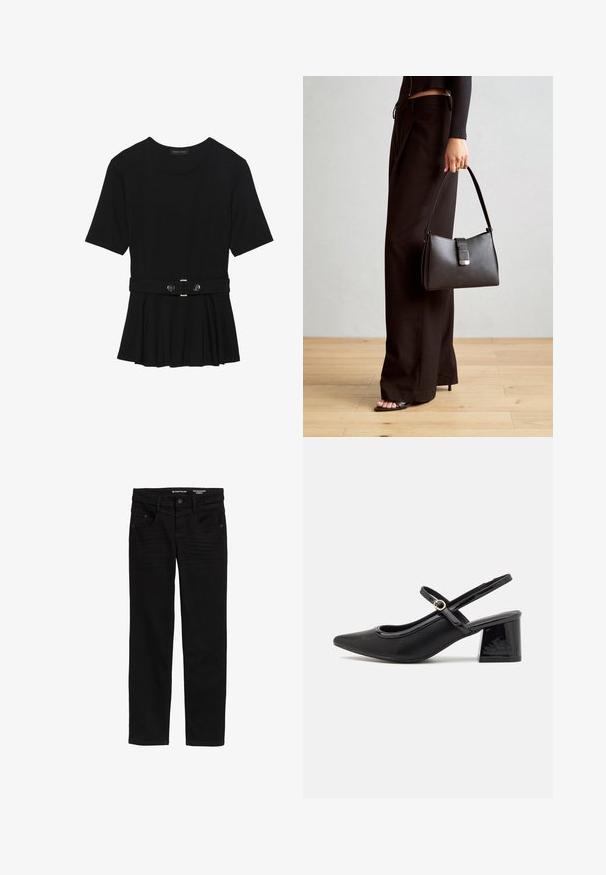 Top negro de manga corta fabricado en un material suave, con un diseño de peplum y una cintura ceñida con un cinturón que incluye dos botones redondos en tono plateado.; Jeans negros de pierna recta, fabricados en denim, con cierre de botón y cremallera, dos bolsillos frontales y detalles de textura sutiles.; Tacones slingback de charol negro con punta afilada, un diseño de corte redondeado y tacón bloque. Incluye un detalle de hebilla en tono dorado.; Bolso negro con forma estructurada, textura suave y un cierre metálico. Combinado con pantalones anchos negros y sandalias de dedo en un suelo de madera.