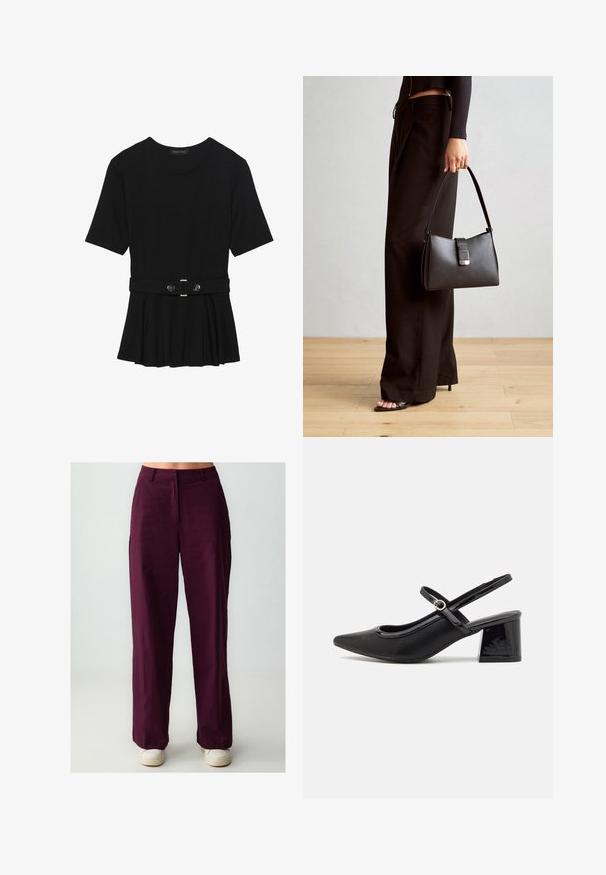 Schwarzes Kurzarmoberteil aus glattem Material, mit einem Peplum-Design und einem taillierten Bund, der mit zwei runden, silberfarbenen Knöpfen ausgestattet ist.; Burgunderfarbene weit geschnittene Hose mit glatter Textur, ausgestattet mit einem Vorderfalten und Seitentaschen, kombiniert mit weißen Sneakers.; Schwarze Lackleder-Slingback-Absätze mit spitzer Zehenform, einem runden Ausschnitt-Design und einem Blockabsatz. Mit einem goldfarbenen Schnallenakzent.; Schwarze Handtasche mit strukturierter Form, glatter Textur und einem metallischen Verschluss. Kombiniert mit weiten schwarzen Hosen und offenen Sandalen auf einem Holzboden.