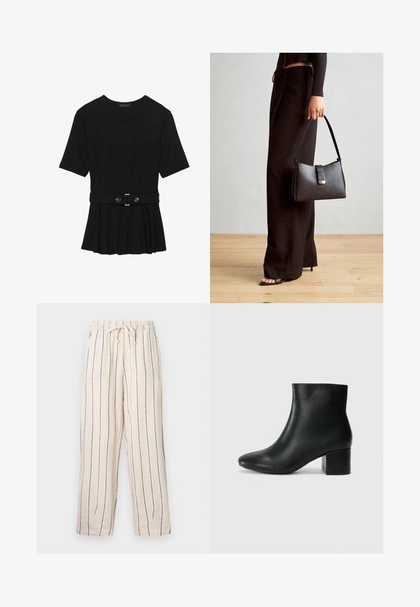 Fekete, rövid ujjú felső sima anyagból, peplum fazonnal és övvel a deréknál, két kerek, ezüst árnyalatú gombbal.; Beige színű, navy függőleges csíkokkal díszített vászon keverék nadrág, rugalmas derékrésszel és állítható zsinórral. Széles lábú szabás és könnyű textúra.; Fekete bőr bokacsizma hegyes orral és vastag sarokkal. Sima felület minimális díszítéssel és karcsú, passzos kialakítással.; Fekete kézi táska strukturált formával, sima textúrával és fémből készült záródással. Széles fekete nadrággal és nyitott orrú szandállal párosítva, fából készült padlón.
