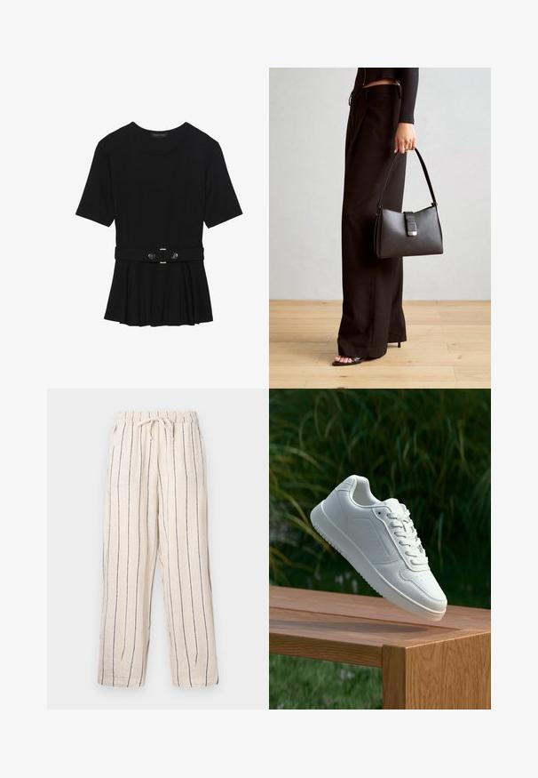 Crna majica kratkih rukava od glatkog materijala, s peplum dizajnom i pojasom s dva okrugla srebrna dugmeta.; Hlače od mješavine lana u bež boji s mornarskim vertikalnim prugama, elastična stražnjica i podesiva žica. Široki kroj i lagana tekstura.; Bijela tenisica sa glatkim sintetičkim gornjim dijelom, perforiranim prednjim dijelom, ravnim vezicama i teksturiranom potplatom, prikazana na drvenoj površini.; Crna torba s oblikom koji sadrži strukturu, glađu teksturu i metalnu kopču. Uparena s širokim crnim hlačama i sandalama na otvorenom s drvenog poda.