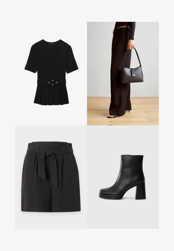 Sort kortærmet top lavet af glat materiale, med en peplum-design og en bælte i taljen med to runde, sølvfarvede knapper.; Sorte shorts med en foldet talje og et bindebånd. Fremstillet af et glat stof med en skræddersyet pasform og sideslids for komfort.; Sort læder ankelstøvle med blokhæl og platformssål, set fra siden på en ensfarvet hvid baggrund.; Sort håndtaske med struktureret form, glat overflade og metalspænde. Sammen med brede sorte bukser og sandaler med åben tå på trægulv.