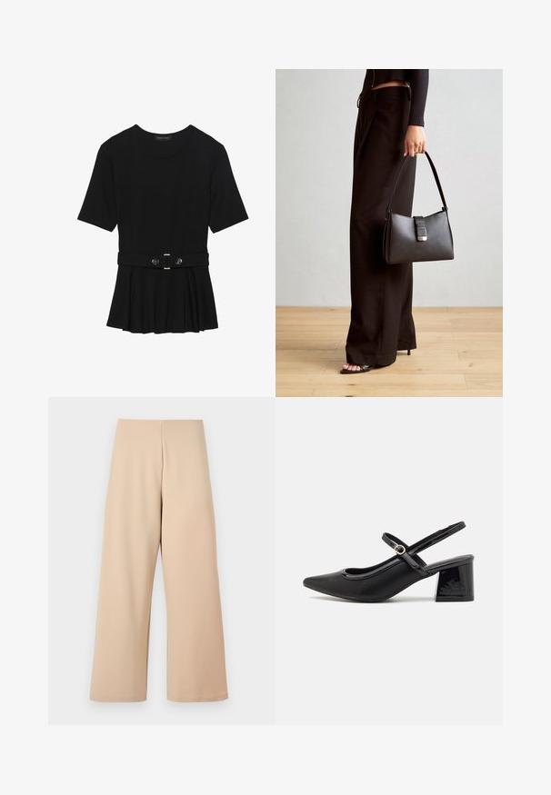 Melnas īsām piedurknēm topiņš, izgatavots no gludas materiāla, ar pepluma dizainu un jostu ar divām apaļām sudraba krāsas pogām.; Bēšas platās bikses, izgatavotas no mīksta auduma, ar augstu jostasvietu un gludu tekstūru. Nav redzamu rakstu vai aparatūras detaļu.; Melns patentēts ādas sandales ar norādīta pirksta formu, noapaļotu izgriezuma dizainu un bloķētu papēdi. Iezīmēta ar zelta toņa sprādzi.; Melnā somiņa ar strukturētu formu, gludu tekstūru un metālu sprādzi. Saskaņota ar platām melnām biksēm un sandālēm ar atvērtu purngalu uz koka grīdas.