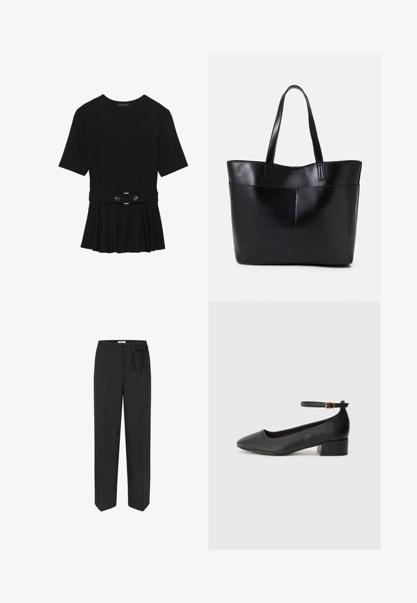 Černé krátké tričko vyrobené z hladkého materiálu, s peplum designem a opaskem v pase, ozdobené dvěma kulatými, stříbrnými knoflíky.; Černé kalhoty s vysokým pasem a detailem na zavazování. Vyrobené z hladké tkaniny, s rovnými nohavicemi a dvěma předními kapsami.; Černé kožené lodičky s špičatou špičkou a nízkým blokovým podpatkem. Obsahují pásek kolem kotníku se zlatou sponou. Hladký povrch.; Černá kožená taška s dlouhými ušima, hladkým povrchem a strukturovaným tvarem. Obsahuje přední kapsu pro další úložný prostor.
