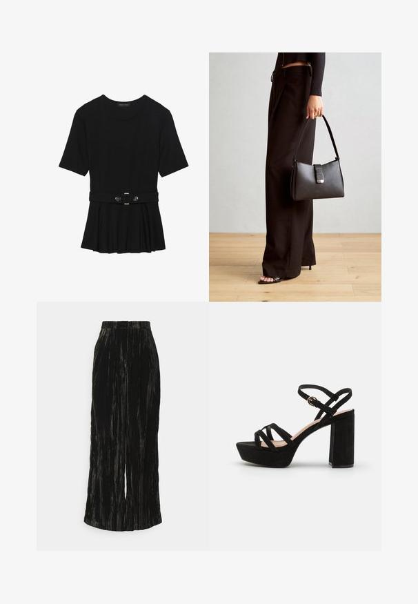 Sort kortærmet top lavet af glat materiale, med en peplum-design og en bælte i taljen med to runde, sølvfarvede knapper.; Sorte plisserede bukser med bred benvidde lavet af et textureret stof, med lodrette striber og en taljeraf uden synligt hardware.; Sorte ruskinds platform sandaler med blokhæle, der har krydskrydsede remme og en spændeankelrem for en sikker pasform.; Sort håndtaske med struktureret form, glat overflade og metalspænde. Sammen med brede sorte bukser og sandaler med åben tå på trægulv.