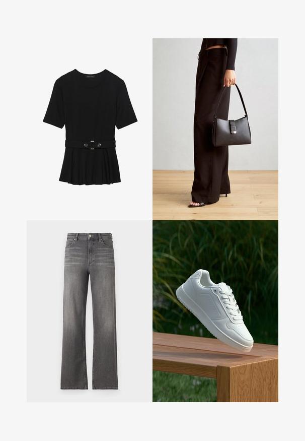 Μαύρη κοντομάνικη μπλούζα από λεία ύφανση, με σχέδιο peplum και ζωνάκι στη μέση, διακοσμημένο με δύο στρογγυρά, ασημί κουμπιά.; Μεσαίου ύψους γκρι τζιν παντελόνι με φαρδιά πόδια, με ελαφριά φθορά, κλασικό σχέδιο πέντε τσεπών και μεταλλικό κούμπωμα. Κανονικό μήκος στριφώματος.; Λευκό αθλητικό παπούτσι με λείο συνθετικό επάνω μέρος, περforατισμένη μύτη, επίπεδα κορδόνια και υφασμένη σόλα, εκτεθειμένο σε ξύλινη επιφάνεια.; Μαύρη τσάντα χειρός με δομημένο σχήμα, λεία υφή και μεταλλικό κούμπωμα. Συνδυασμένη με φαρδιά μαύρα παντελόνια και σανδάλια ανοιχτής μύτης πάνω σε ξύλινο πάτωμα.