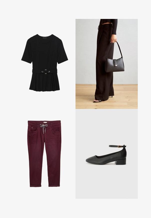 Haut noir à manches courtes fabriqué en matériau lisse, avec un design peplum et une taille ceinturée ornée de deux boutons ronds en métal argenté.; Pantalons bordeaux avec taille à cordon de serrage, poches avant et ourlets retroussés. Fabriqués en tissu doux avec une texture lisse et de subtils détails de couture.; Escarpin en cuir noir avec un bout pointu et un petit talon bloc. Doté d'une bride de cheville avec une boucle dorée. Texture lisse.; Sac à main noir à la forme structurée, texture lisse et fermoir métallique. Associé à un pantalon noir ample et des sandales ouvertes sur un sol en bois.