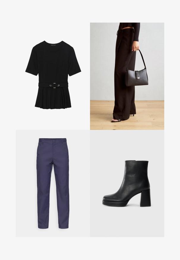 Čierny krátky rukáv top vyrobený z hladkého materiálu, so strihom peplum a opaskom v páse so syntetickými guľatými striebornými gombíkmi.; Námornícke modré nohavice vyrobené z bavlnenej zmesi, s úzkym strihom, plochým predkom a pútkami na opasok, s hladkou textúrou a čistými líniami.; Čierne kožené členkové topánky s blokovým podpätkom a platformovou podrážkou, zobrazené z boku na bielom pozadí.; Čierna kabelka so štruktúrovaným tvarom, hladkou textúrou a kovovou sponou. V kombinácii so širokými čiernymi nohavicami a sandálmi s otvorenou špičkou na drevenej podlahe.