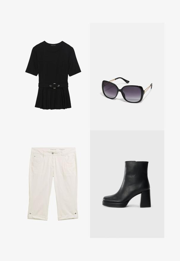 Černé krátké tričko vyrobené z hladkého materiálu, s peplum designem a opaskem v pase, ozdobené dvěma kulatými, stříbrnými knoflíky.; Bílé kalhoty 3/4 délky s mírně strukturovanou tkaninou. Obsahují přední kapsy, zapínání na knoflík a ohrnuté nohavice upevněné pomocí patentek.; Černý kožený kotníkový bot s blokovým podpatkem a platformou, viděný z boku na jednoduchém bílém pozadí.; Černé oversized sluneční brýle se gradientními skly, silnými rámy a zlatými řetízkovými detaily na nožičkách.