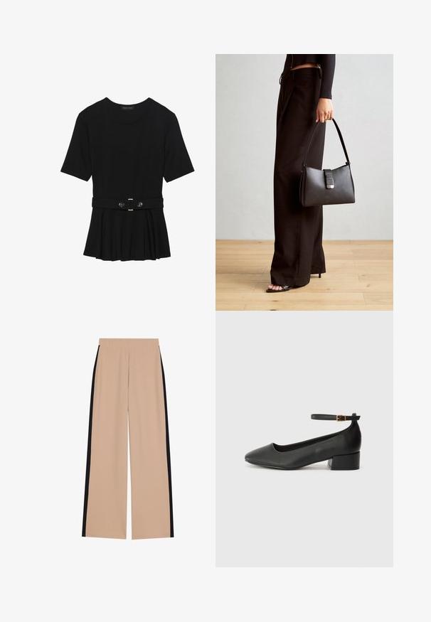 Juodas trumpomis rankovėmis viršus, pagamintas iš lygaus audinio, su peplum dizainu ir su diržu juosmenyje, papuoštas dviem apvaliomis sidabro spalvos mygtukais.; Bežiniai plačių kojų džinsai su lygiu paviršiumi, turintys juodas šonines juosteles. Juosmuo elastingas, kad būtų patogu ir lengva dėvėti.; Juodas odinis aukštakulnis batelis su smailiu pirštu ir žemu bloku. Su kulkšnies dirželiu su auksinės spalvos sagtimi. Lygus paviršius.; Juodas rankinė struktūrizuota forma, lygi tekstūra ir metalinis užsegimas. Suporuota su plačiomis juodomis kelnėmis ir atvirais bateliais ant medinių grindų.