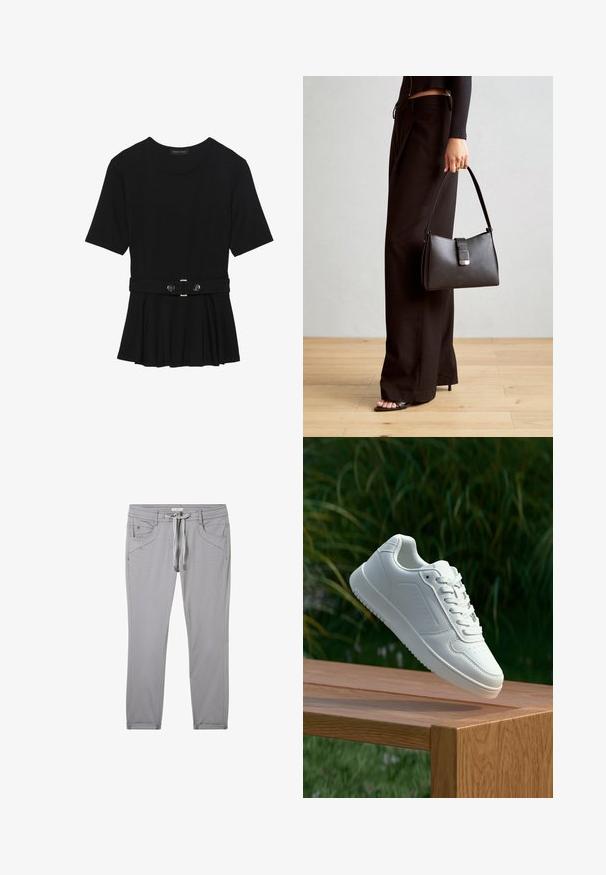 Melnas īsām piedurknēm topiņš, izgatavots no gludas materiāla, ar pepluma dizainu un jostu ar divām apaļām sudraba krāsas pogām.; Pelēki bikses, izgatavotas no mīksta materiāla, ar auklu vidukli, četriem kabatām un šauru piegriezumu ar smalkiem izšuvumiem.; Baltie sporta apavi ar gludu sintētisku augšpusi, perforētu pirkstu daļu, plakani šņorēm un rakstainu zoli, novietoti uz koka virsmas.; Melnā somiņa ar strukturētu formu, gludu tekstūru un metālu sprādzi. Saskaņota ar platām melnām biksēm un sandālēm ar atvērtu purngalu uz koka grīdas.