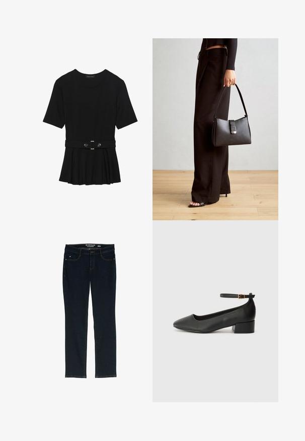 Top negro de manga corta fabricado en un material suave, con un diseño de peplum y una cintura ceñida con un cinturón que incluye dos botones redondos en tono plateado.; Vaqueros de pierna recta de color azul oscuro hechos de Denim. Presentan cinco bolsillos, costuras contrastantes en naranja y una etiqueta en la cintura con el nombre de la marca.; Zapato de tacón negro de cuero con punta afilada y tacón bajo cuadrado. Presenta una correa para el tobillo con una hebilla en tono dorado. Textura suave.; Bolso negro con forma estructurada, textura suave y un cierre metálico. Combinado con pantalones anchos negros y sandalias de dedo en un suelo de madera.