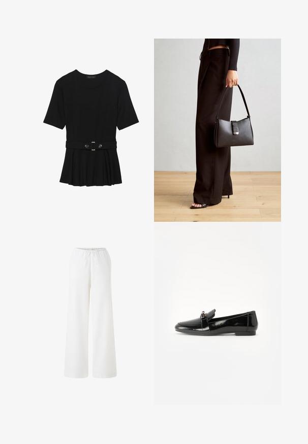 Haut noir à manches courtes fabriqué en matériau lisse, avec un design peplum et une taille ceinturée ornée de deux boutons ronds en métal argenté.; Pantalons larges blancs en tissu léger avec une taille élastique et un cordon de serrage. Texture lisse, sans motifs ni accents visibles.; Loafer en cuir verni noir avec une semelle plate, un bout arrondi et une sangle décorative agrémentée d'un accent doré. Fini lisse et brillant.; Sac à main noir à la forme structurée, texture lisse et fermoir métallique. Associé à un pantalon noir ample et des sandales ouvertes sur un sol en bois.