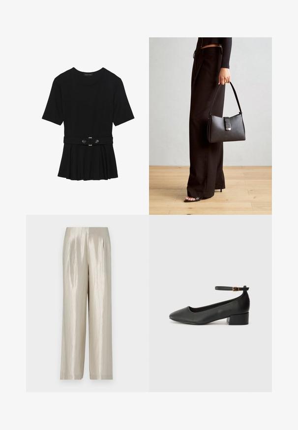 Zwart топ met korte mouwen van glad materiaal, voorzien van een peplum ontwerp en een riem in de taille met twee ronde, zilverkleurige knopen.; Broek in een licht beige satijnen stof met een zachte textuur, met een hoge taille, wijde pijpen en subtiele plooien voor extra detail.; Zwarte leren pump met een spitse neus en een lage blokhak. Beschikt over een enkelband met een goudkleurige gespsluiting. Gladde textuur.; Zwarte handtas met gestructureerde vorm, gladde textuur en een metalen sluiting. Gecombineerd met brede zwarte broeken en sandalen met open teen op een houten vloer.