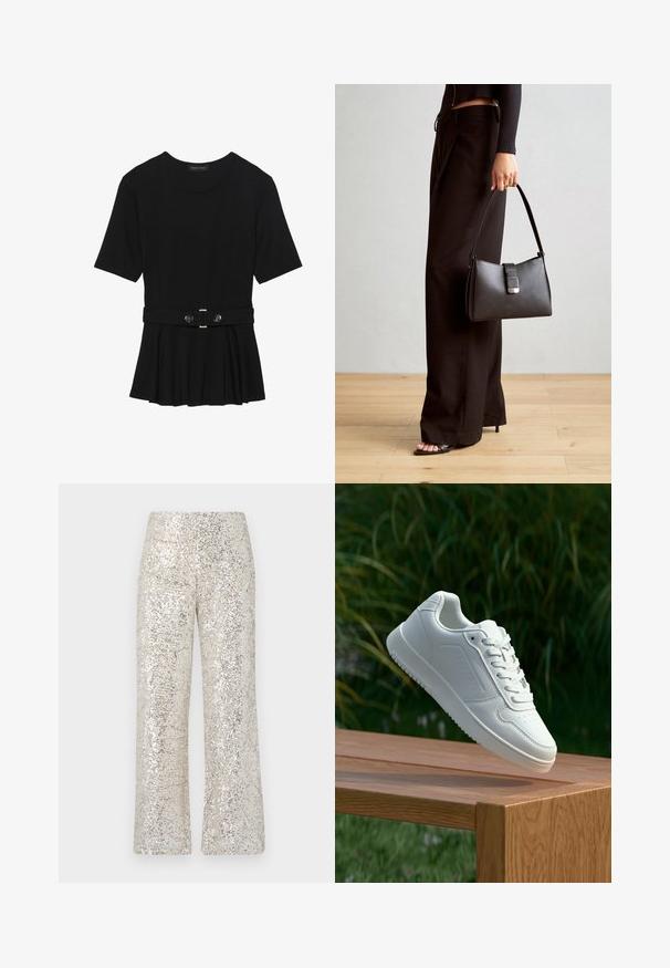 Svart kortermet topp laget av glatt materiale, med en peplum-design og en belted midje med to runde knapper i sølvfarge.; Pailletterte bukser i en lys beige farve, med bred bendesign og en tekstureret overflade med indviklede mønstre.; Hvite sneakers med en glatt syntetisk overdel, perforert tåboks, flate snørebånd og en teksturert såle, vist på en treflate.; Svart håndveske med strukturert form, jevn tekstur og metallisk lås. Kombinert med brede svarte bukser og sandaler med åpen tå på tregulv.