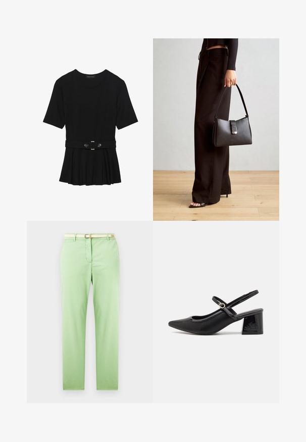 Črn kratek rokav srajca iz gladkega materiala, z obliko pepluma in pasom s pasom ter dvema okroglega srebrno-toniranima gumboma.; Svetlozeleni bombažni hlače s ravnim krojem, ki vključujejo tkani bež pas, sprednji žep in nimajo vidnih vzorcev ali okrasitev.; Črne patentne usnjene salonarce s slingback obliko, s koničastim nosom, zaobljenim izrezom in blok peto. Imajo zlato kovinsko zaponko kot dodatno okrasje.; Črna torbica z strukturirano obliko, gladko teksturo in kovinskim zaponko. Ujemajo se z širokimi črnimi hlačami in odprtimi sandali na lesenem tleh.