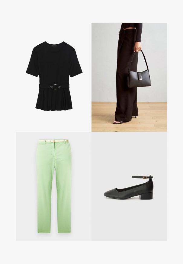 Črn kratek rokav srajca iz gladkega materiala, z obliko pepluma in pasom s pasom ter dvema okroglega srebrno-toniranima gumboma.; Svetlozeleni bombažni hlače s ravnim krojem, ki vključujejo tkani bež pas, sprednji žep in nimajo vidnih vzorcev ali okrasitev.; Črne usnjene pumpice z nazobčanimi prsti in nizko blokasto peto. Imajo trak okoli gležnja z zaponko v zlatem tonu. Gladka tekstura.; Črna torbica z strukturirano obliko, gladko teksturo in kovinskim zaponko. Ujemajo se z širokimi črnimi hlačami in odprtimi sandali na lesenem tleh.