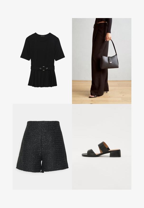 Haut noir à manches courtes fabriqué en matériau lisse, avec un design peplum et une taille ceinturée ornée de deux boutons ronds en métal argenté.; Shorts noirs en maille avec une finition texturée et un subtil éclat. Présentent une taille haute et une coupe A-line structurée.; Sandale en cuir noir avec deux larges bandes traversant le pied, un bout carré et un petit talon carré. Texture lisse et design minimal.; Sac à main noir à la forme structurée, texture lisse et fermoir métallique. Associé à un pantalon noir ample et des sandales ouvertes sur un sol en bois.