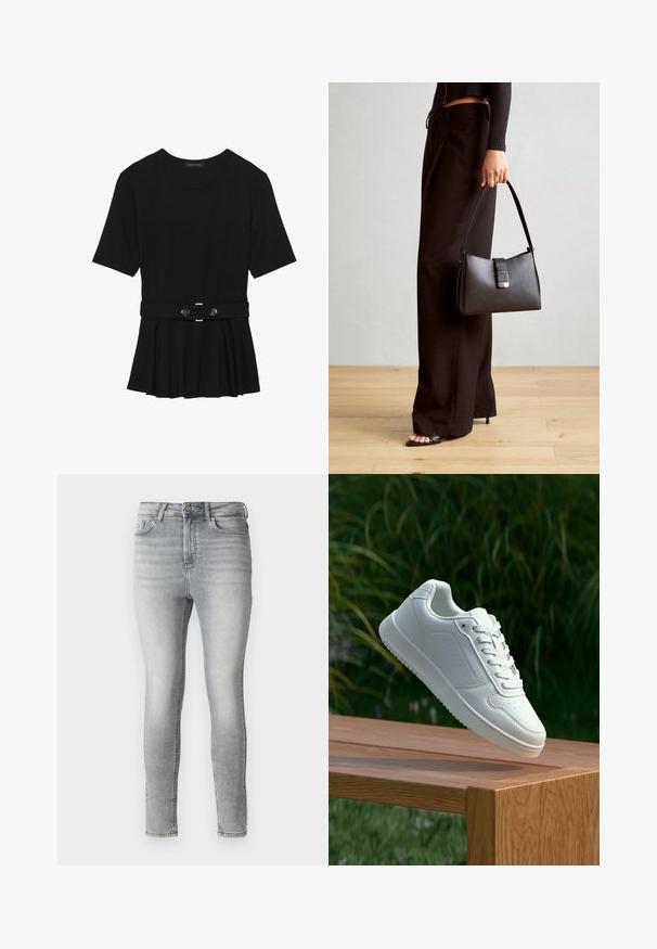 Top preto de mangas curtas, feito de material suave, com design peplum e uma cintura cinto com dois botões redondos em tom prateado.; Jeans skinny em denim cinza com uma textura suave, design de cinco bolsos e fecho de botão e zip na cintura. Acabamento desbotado em todo o tecido.; Sapatilha branca com um cabedal sintético liso, caixa dos dedos perfurada, atacadores planos e uma sola texturizada, exposta sobre uma superfície de madeira.; Bolsa preta com forma estruturada, textura suave e um fecho metálico. Combinada com calças largas pretas e sandálias de salto aberto sobre um chão de madeira.