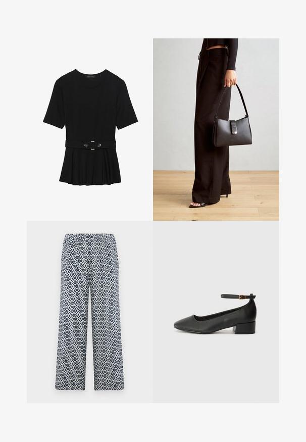 Top preto de mangas curtas, feito de material suave, com design peplum e uma cintura cinto com dois botões redondos em tom prateado.; Calças largas impressas com uma cintura elástica. Apresenta um padrão geométrico em azul marinho e branco numa tela leve.; Sandal de pele preta com bico pontiagudo e um salto bloco baixo. Apresenta uma tira no tornozelo com uma fivela em tom dourado. Textura suave.; Bolsa preta com forma estruturada, textura suave e um fecho metálico. Combinada com calças largas pretas e sandálias de salto aberto sobre um chão de madeira.