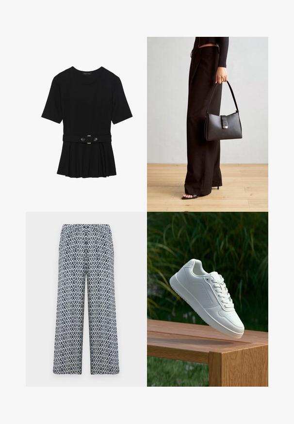 Black short-sleeve top made of smooth material, featuring a peplum design and a belted waist with two round, silver-tone buttons.; Printed wide-leg trousers with an elastic waistband. Features a geometric navy and white pattern on a lightweight fabric.; White sneaker with a smooth synthetic upper, perforated toe box, flat laces, and a textured sole, displayed on a wooden surface.; Black handbag with structured shape, smooth texture, and a metallic clasp. Paired with wide black pants and open-toe sandals on wooden floor.