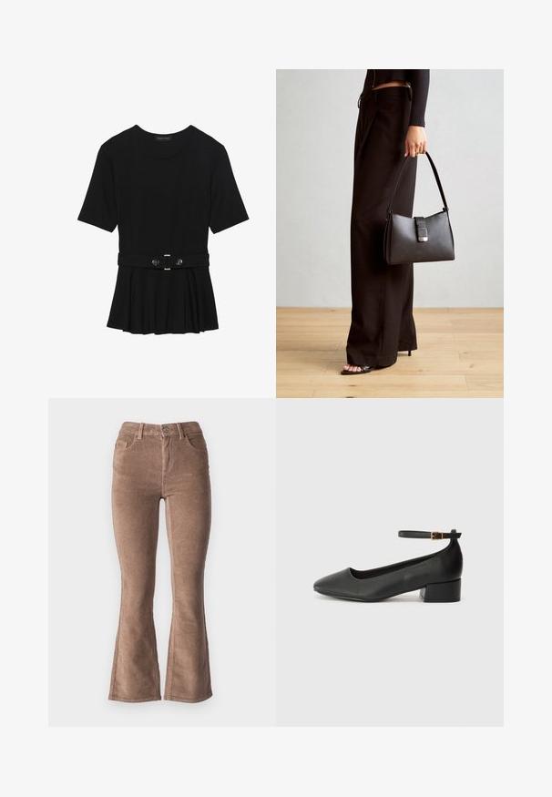 Top negro de manga corta fabricado en un material suave, con un diseño de peplum y una cintura ceñida con un cinturón que incluye dos botones redondos en tono plateado.; Pantalones de pana marrones acampanados con una textura estriada, que presentan una cintura alta, cinco bolsillos y un cierre de botón en la parte delantera.; Zapato de tacón negro de cuero con punta afilada y tacón bajo cuadrado. Presenta una correa para el tobillo con una hebilla en tono dorado. Textura suave.; Bolso negro con forma estructurada, textura suave y un cierre metálico. Combinado con pantalones anchos negros y sandalias de dedo en un suelo de madera.