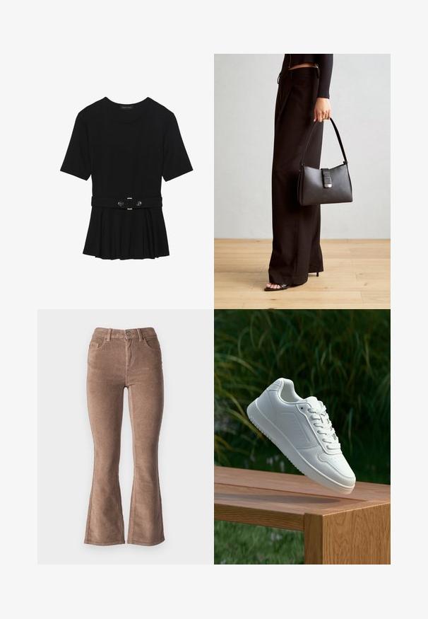 Black short-sleeve top made of smooth material, featuring a peplum design and a belted waist with two round, silver-tone buttons.; Brown corduroy flared pants with a ribbed texture, featuring a high waist, five pockets, and a front button closure.; White sneaker with a smooth synthetic upper, perforated toe box, flat laces, and a textured sole, displayed on a wooden surface.; Black handbag with structured shape, smooth texture, and a metallic clasp. Paired with wide black pants and open-toe sandals on wooden floor.