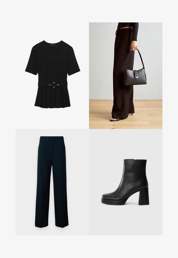 Juodas trumpomis rankovėmis viršus, pagamintas iš lygaus audinio, su peplum dizainu ir su diržu juosmenyje, papuoštas dviem apvaliomis sidabro spalvos mygtukais.; Juodos plačios kelnės, pagamintos iš lygaus audinio, su aukštu juosmeniu, priekiniais raukiniais ir švariu, minimalistišku dizainu.; Juodas odinis kulkšninis botas su bloku ir platformos padu, matomas šoniniu vaizdu ant balto fono.; Juodas rankinė struktūrizuota forma, lygi tekstūra ir metalinis užsegimas. Suporuota su plačiomis juodomis kelnėmis ir atvirais bateliais ant medinių grindų.