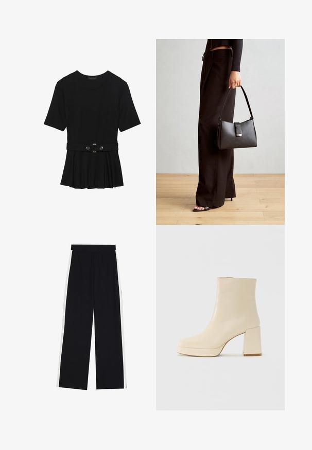 Zwart топ met korte mouwen van glad materiaal, voorzien van een peplum ontwerp en een riem in de taille met twee ronde, zilverkleurige knopen.; Zwarte wijde broek gemaakt van stof met witte zijstrepen. Voorzien van een elastische taille en een gladde textuur, ontworpen voor comfort en bewegingsvrijheid.; Beige leren enkelboot met blokhak en plateauzool, gladde afwerking en licht vierkante neus, gericht naar links op een witte achtergrond.; Zwarte handtas met gestructureerde vorm, gladde textuur en een metalen sluiting. Gecombineerd met brede zwarte broeken en sandalen met open teen op een houten vloer.