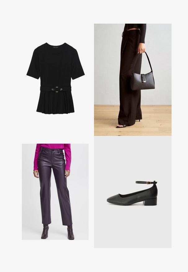 Schwarzes Kurzarmoberteil aus glattem Material, mit einem Peplum-Design und einem taillierten Bund, der mit zwei runden, silberfarbenen Knöpfen ausgestattet ist.; Lila Kunstleder-Hosen mit hoher Taille, glatter Textur, geradem Bein-Design und vorderen Taschen. Kombiniert mit einem pinken Langarmoberteil.; Schwarze Lederpumps mit spitzem Zehenbereich und niedrigem Blockabsatz. Mit einem Knöchelriemen und einer goldfarbenen Schnalle. Glatte Textur.; Schwarze Handtasche mit strukturierter Form, glatter Textur und einem metallischen Verschluss. Kombiniert mit weiten schwarzen Hosen und offenen Sandalen auf einem Holzboden.