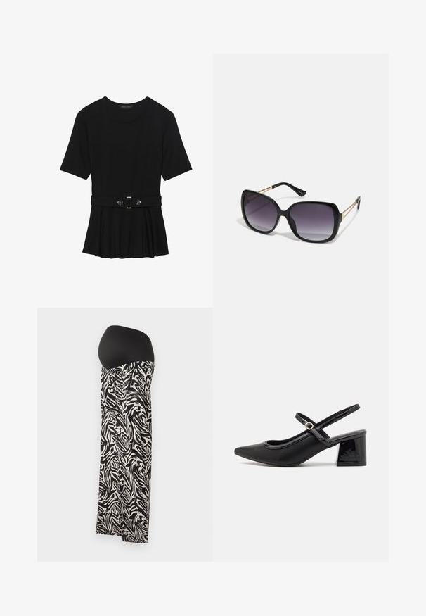 Crna majica kratkih rukava od glatkog materijala, s peplum dizajnom i pojasom s dva okrugla srebrna dugmeta.; Trudno crno-bijela suknja za trudnice s uzorkom zebre, s rastezljivim crnim pojasom, koja se odlikuje naboranim detaljima na struku i lepršavim dizajnom.; Crne lakirane slingback visoke potpetice s šiljastim vrhom, zaobljenim izrezom i blok potpeticom. Sadrži akcent zlatnog tona s kopčom.; Crne prevelike sunčane naočale s gradijentnim lećama, debelim okvirom i zlatnim lancem kao detaljem na krakovima.; Crna torba s oblikom koji sadrži strukturu, glađu teksturu i metalnu kopču. Uparena s širokim crnim hlačama i sandalama na otvorenom s drvenog poda.