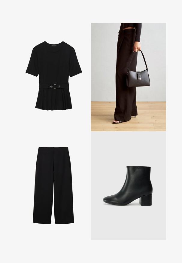 Zwart топ met korte mouwen van glad materiaal, voorzien van een peplum ontwerp en een riem in de taille met twee ronde, zilverkleurige knopen.; Zwarte wijde broek gemaakt van een gestructureerde stof met een hoge taille, voorzien van voorplooien en een strakke uitstraling. Geen zichtbare zakken of metalen onderdelen.; Zwarte leren enkellaarzen met een spitse neus en een chunky hak. Gladde textuur met minimale accenten en een slank, strakk ontwerp.; Zwarte handtas met gestructureerde vorm, gladde textuur en een metalen sluiting. Gecombineerd met brede zwarte broeken en sandalen met open teen op een houten vloer.